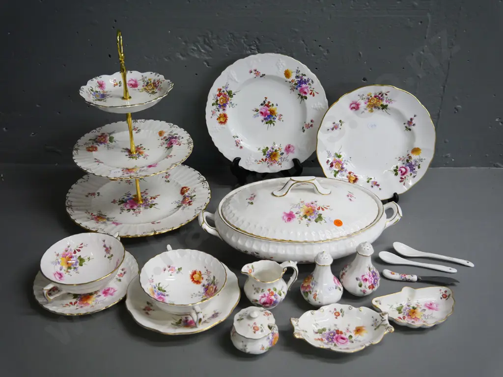 large collection of Royal Crown Derby floral china - some are Derby Posies, including 3-tier cake stand, lidded veg, etc Image 1++