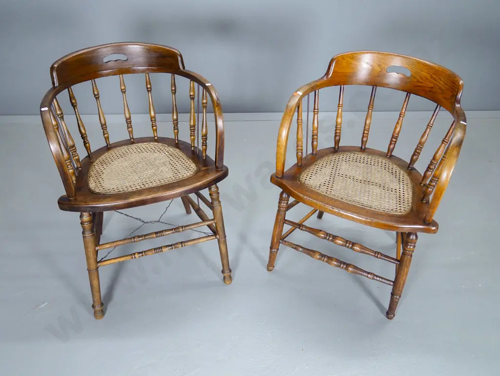 pair of vintage oak spindle back tub chairs, bergere cane seats with tie-on cushions H760 W520 D480 Image 1++