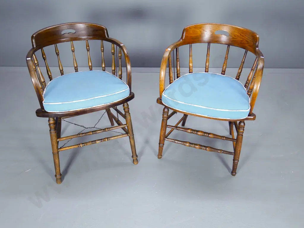 pair of vintage oak spindle back tub chairs, bergere cane seats with tie-on cushions H760 W520 D480 Image 1++