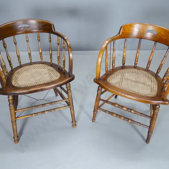 pair of vintage oak spindle back tub chairs, bergere cane seats with tie-on cushions H760 W520 D480