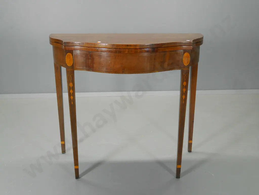 vintage hinged top-gate leg hall/supper table with marquetry inlay H770 W880 D440 closed D880 open Image 1++