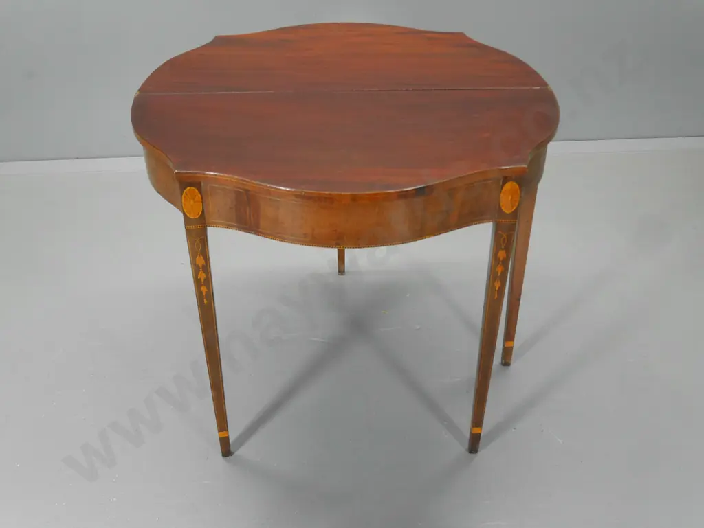 vintage hinged top-gate leg hall/supper table with marquetry inlay H770 W880 D440 closed D880 open Image 1++