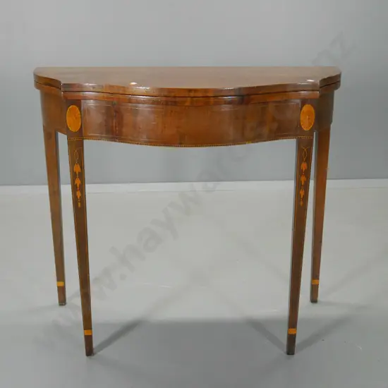 vintage hinged top-gate leg hall/supper table with marquetry inlay H770 W880 D440 closed D880 open