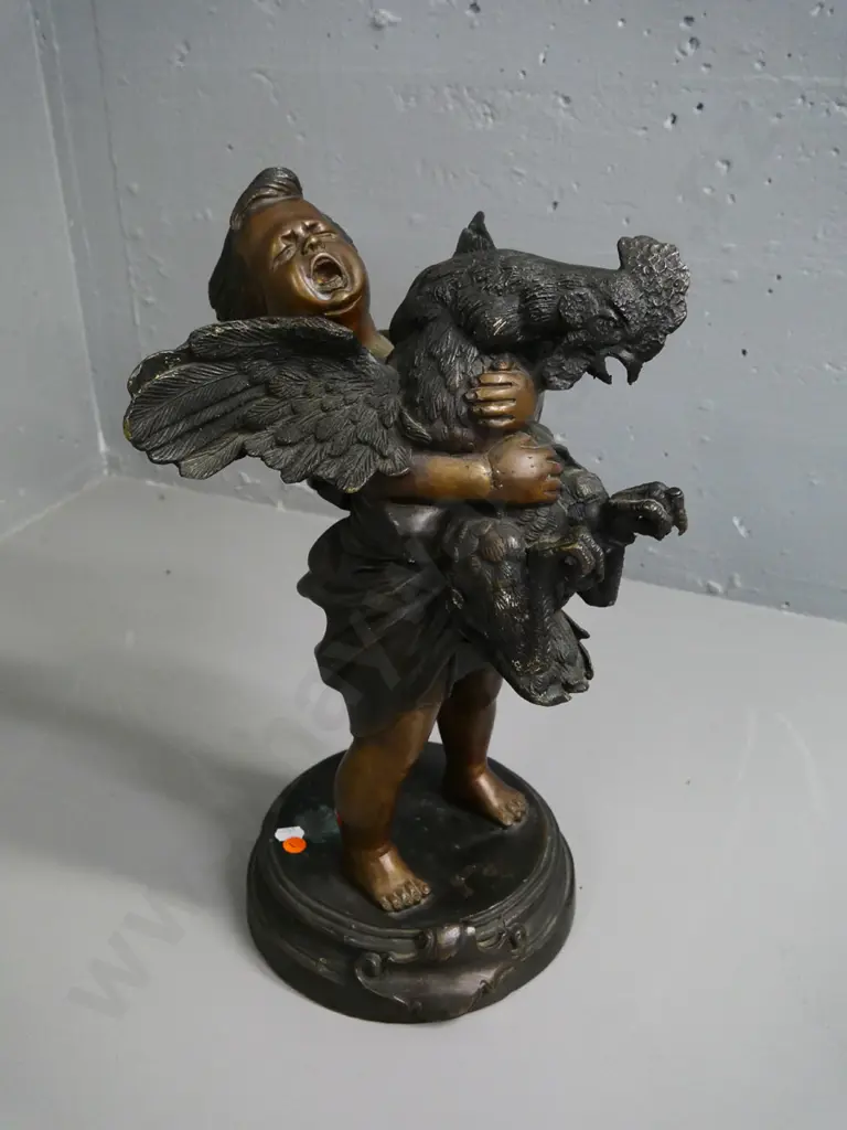 cast metal (bronze?) figure - young boy with rooster - some marks and discolouration on base H-490 Image 1++
