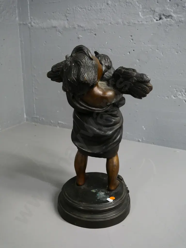 cast metal (bronze?) figure - young boy with rooster - some marks and discolouration on base H-490 Image 1++