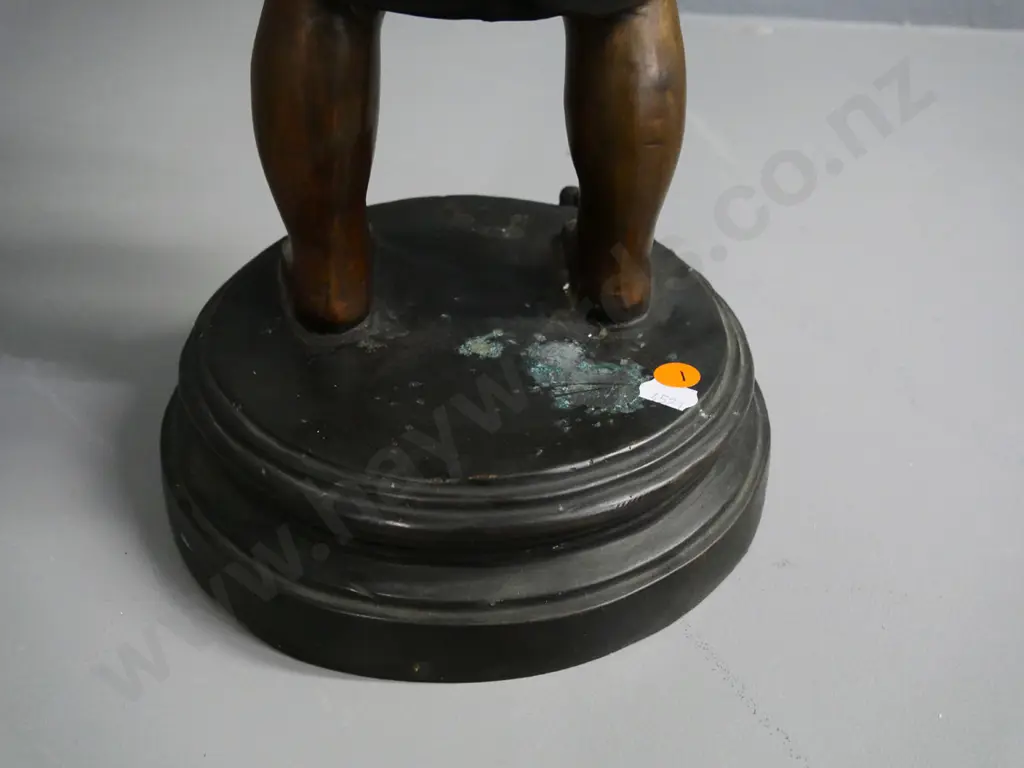 cast metal (bronze?) figure - young boy with rooster - some marks and discolouration on base H-490 Image 1++
