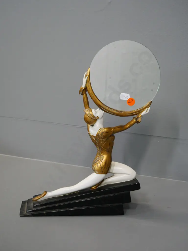 reproduction deco style composite figure holding a mirror - impressed mark I. Tipton or Tipson - H-310 W-210 Image 1++