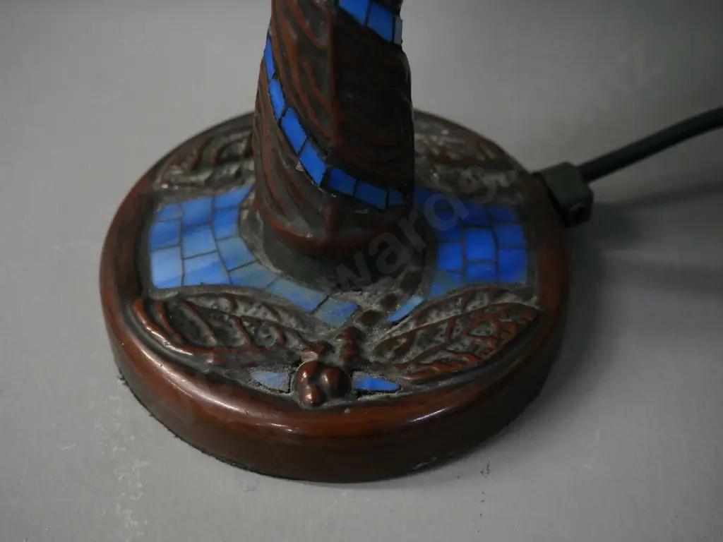 reproduction Tiffany style metal (and composite?) table lamp with dragonfly motif shade and base H-340 D-180 Image 1++