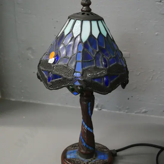 reproduction Tiffany style metal (and composite?) table lamp with dragonfly motif shade and base H-340 D-180