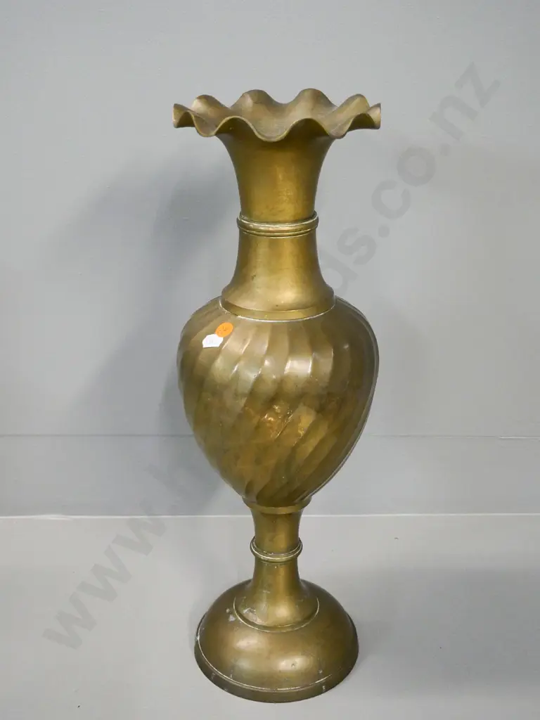 large cast brass vase with swirl pattern & frilled rim - H-500 Diameter 160 at widest Image 1++