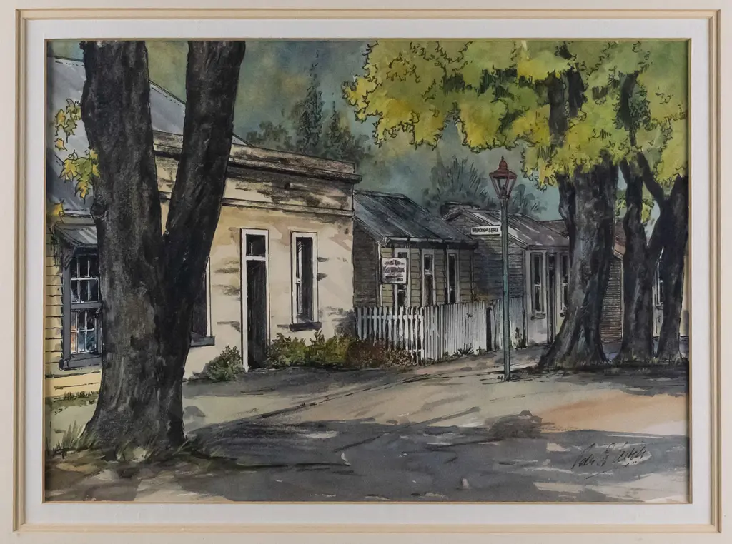 Peter G Leitch 1993 - framed watercolour, charcoal & ink - "Summer Cottages, Arrowtown" H-210 W-210 Image 1++