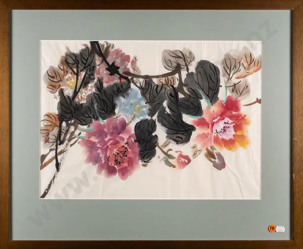 framed watercolour - "Japanese garden flowers" H-2390 W-410 Image 1++