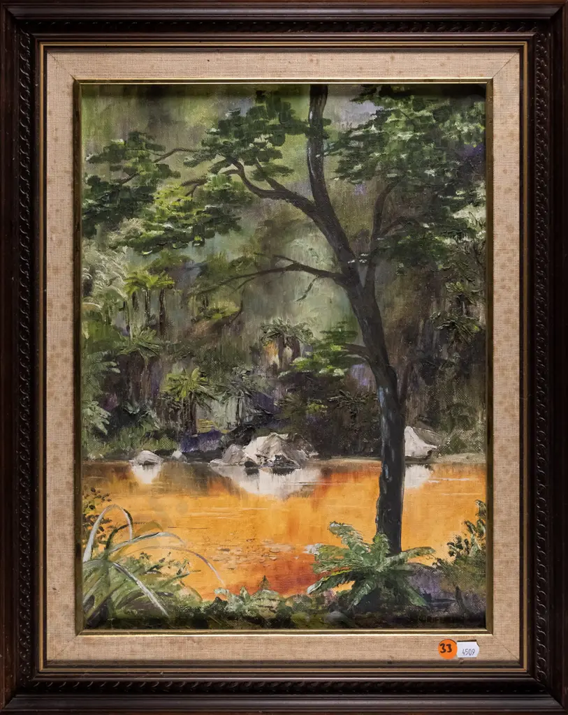 Griffin- framed oil - Oparara River Karamea West Coast- foxing to frame- H-390 W-290 Image 1++