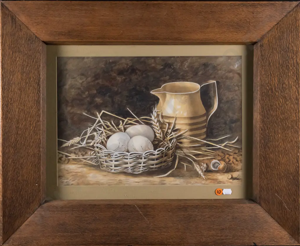 MA Harlock - framed watercolour - still life, eggs and jug H-260 W-360 Image 1++