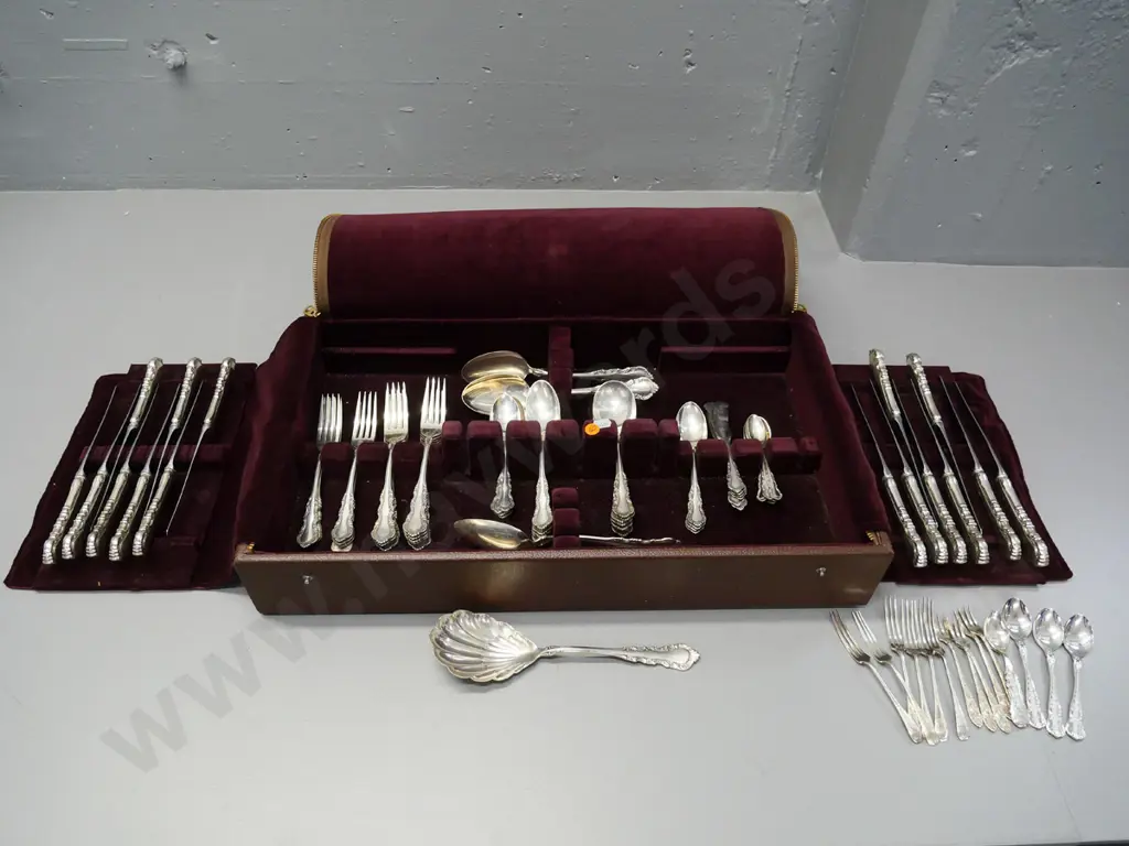 vinyl covered canteen of Reed Burton sterling silver cutlery - with some odd EPNS coffee spoons and small forks Image 1++
