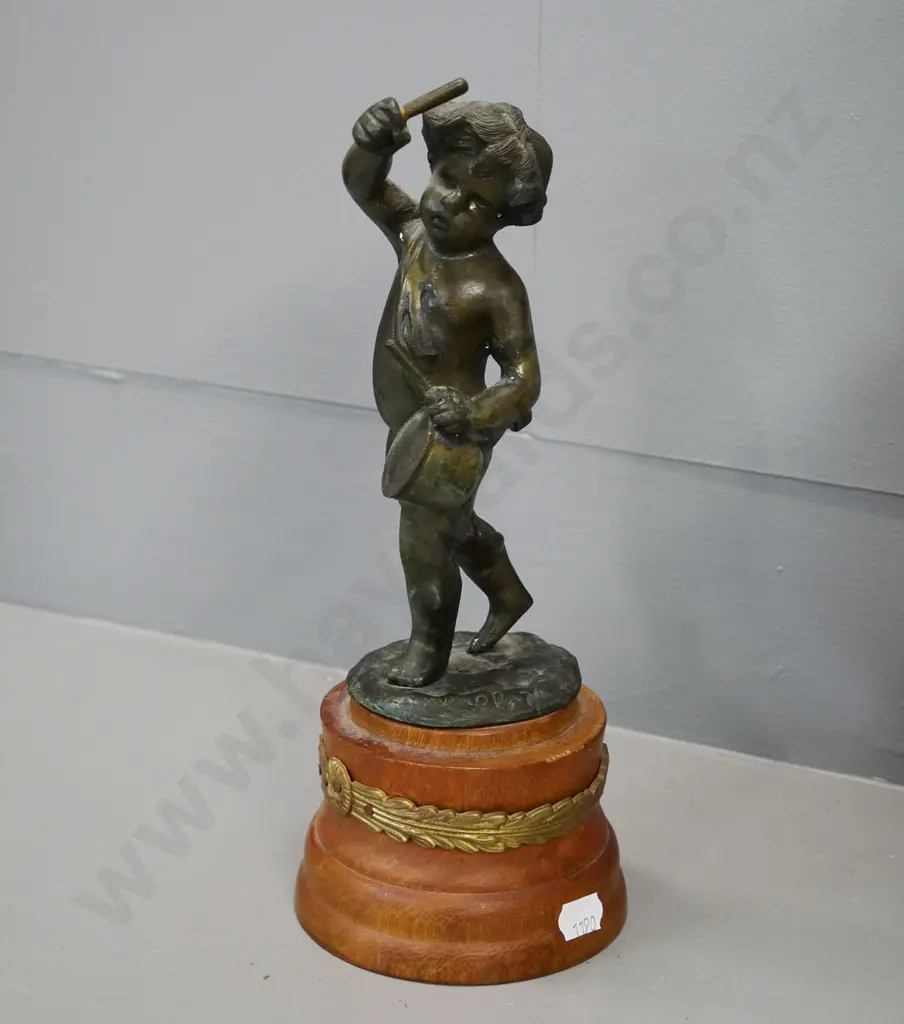 cast metal drummer boy on turned wood base with ormolu decoration H-270 Image 1++