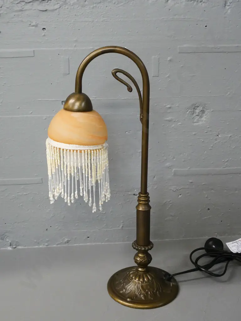 reproduction deco style cast metal swan neck table lamp with beaded fringe on shade H-460 Image 1++