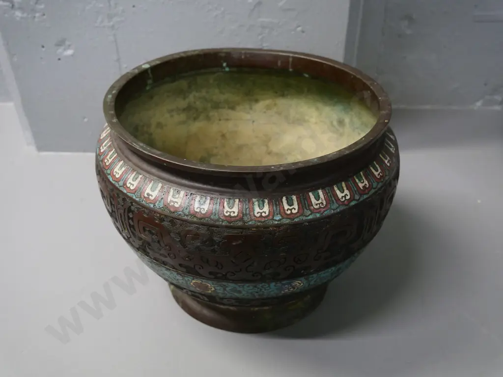 vintage Chinese brass jardiniere with cloisonne decoration - minor damage, has had repair H-230 D-290 Image 1++
