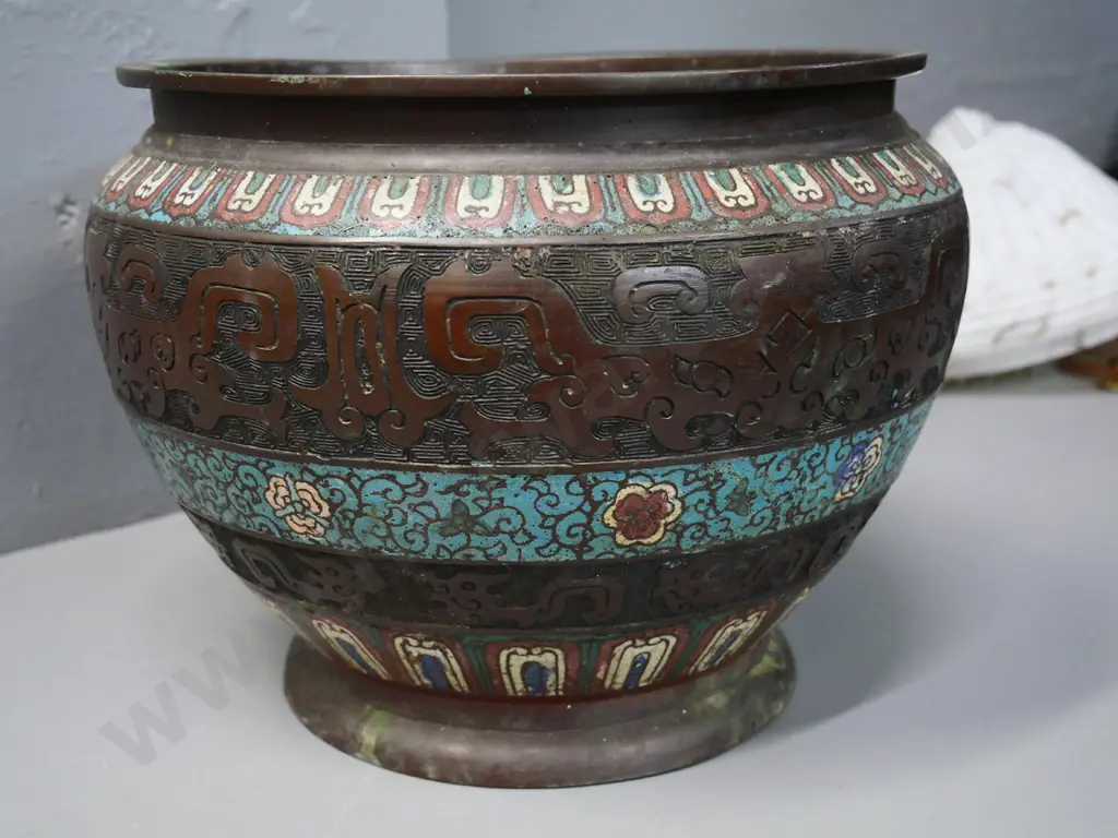 vintage Chinese brass jardiniere with cloisonne decoration - minor damage, has had repair H-230 D-290 Image 1++