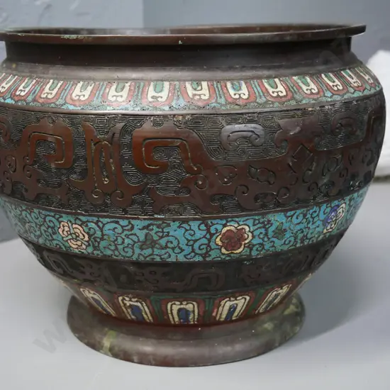vintage Chinese brass jardiniere with cloisonne decoration - minor damage, has had repair H-230 D-290