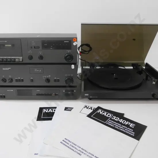 NAD amplifier, turntable, tuner, cassette. Turntable missing mat, plug cut off, others power up OK but not fully tested