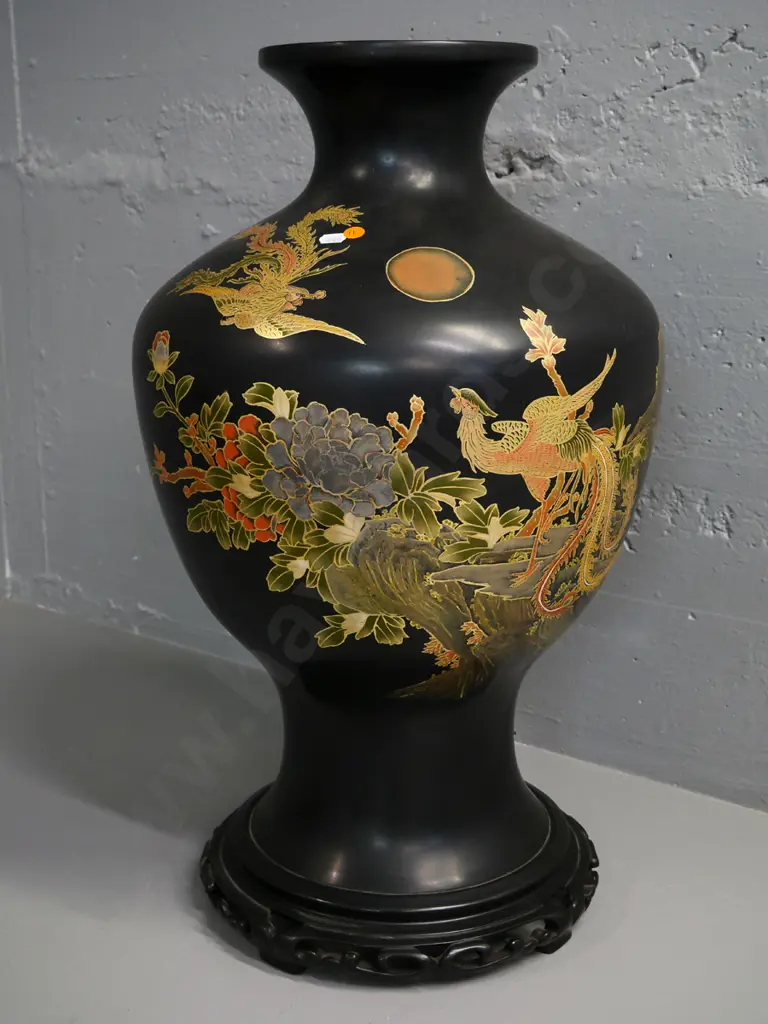 large Chinese light composite laquer-ware vase with peony & bird motifs H-650 Diameter 360 at widest Image 1++