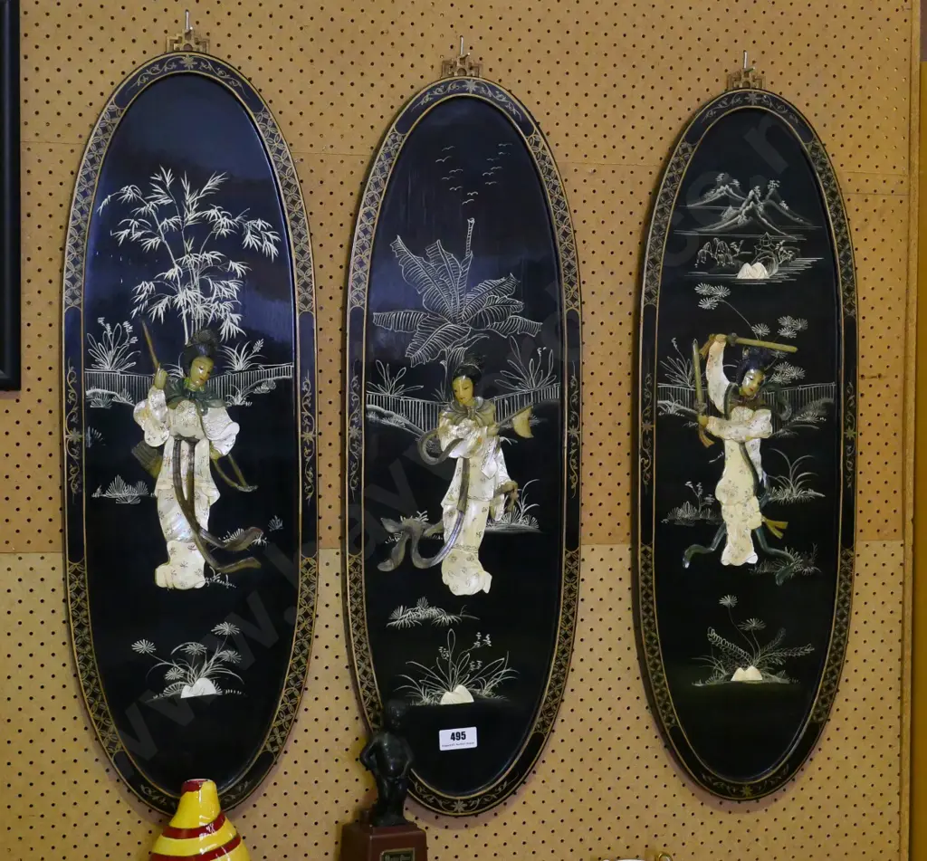 3x oval framed 3 dimensional Japanese lacquer wooden panels (slight damage to one)  H-910 W-310 Image 1++