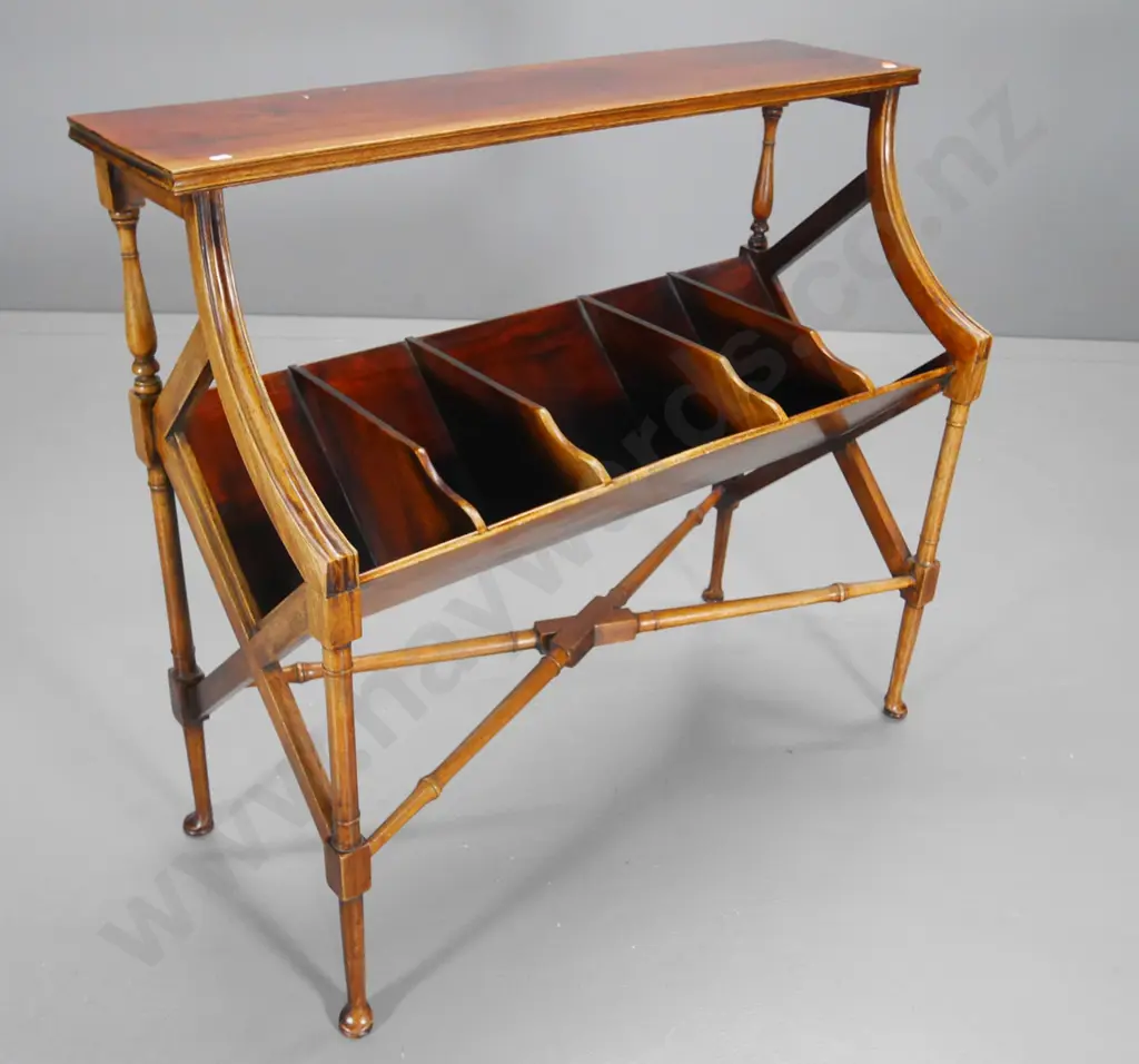 vintage mahogany music or book stand w/stretcher base & pad feet, divided storage area H850 W930 D390 Image 1++