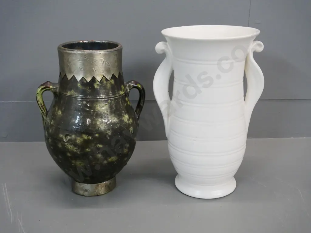 2 vases - white Shorter & Sons H-300 and mottled pottery with metal trim Image 1++