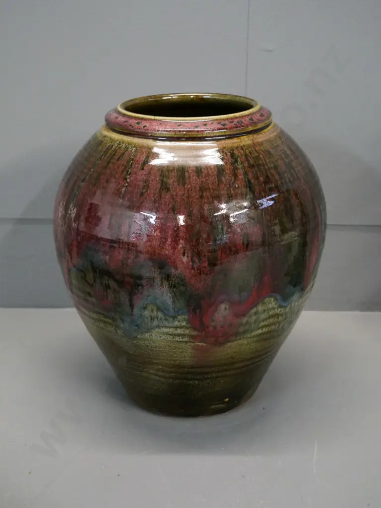 studio pottery trickle glaze vase labelled Robyn Taylor H-280 D-230 Image 1++