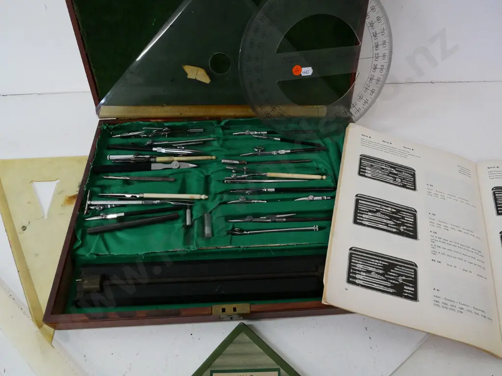 large assortment of technical drawing compasses, drawing tools, triangles, etc in fitted wooden case W-400D-320 Image 1++