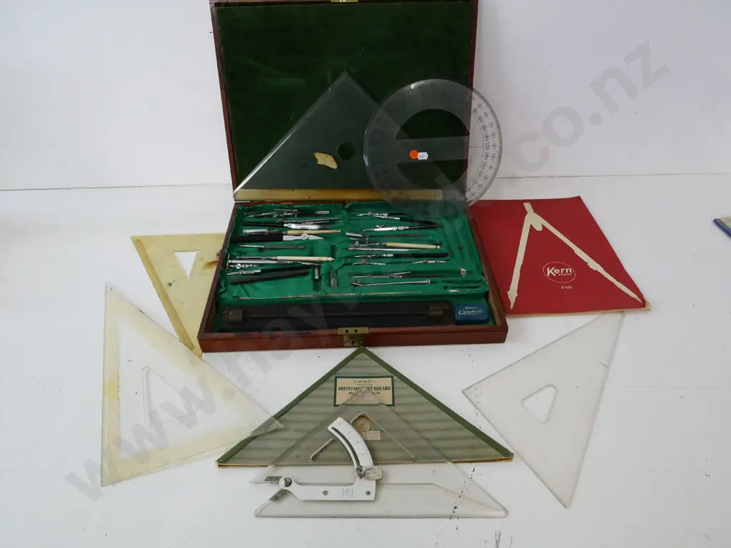 large assortment of technical drawing compasses, drawing tools, triangles, etc in fitted wooden case W-400D-320 Image 1++