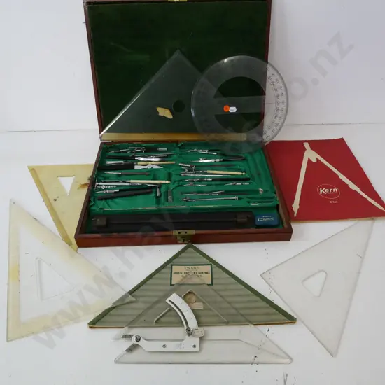 large assortment of technical drawing compasses, drawing tools, triangles, etc in fitted wooden case W-400D-320