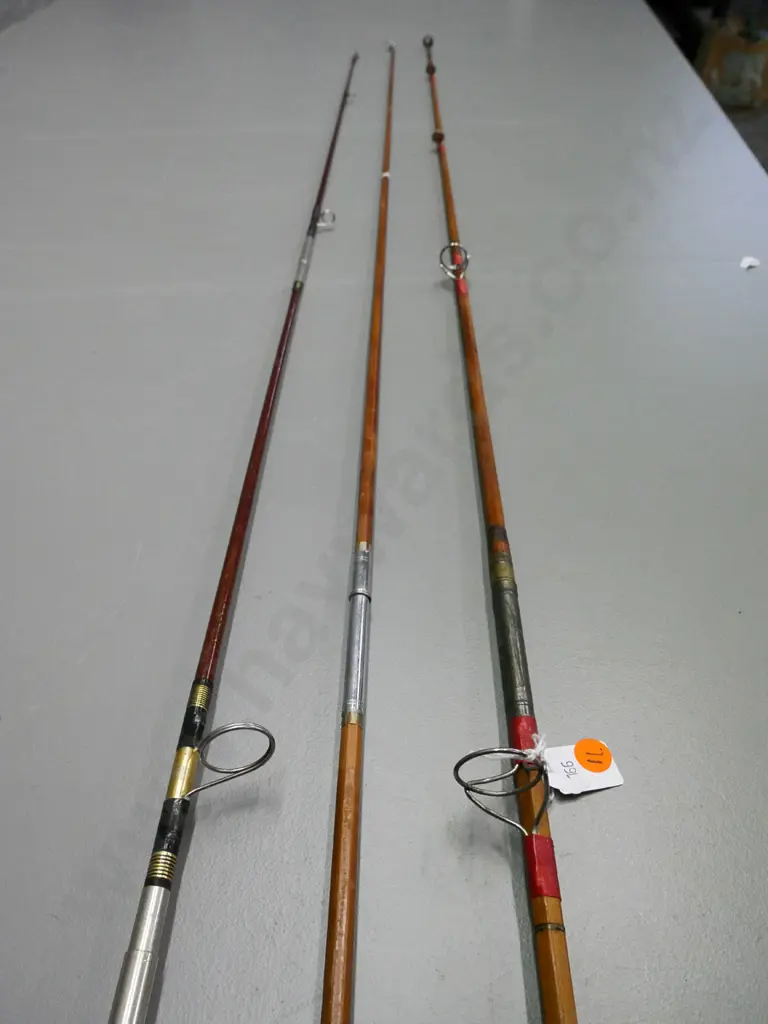 3 vintage 2-piece split-cane fishing rods - labels illegible - wear & tear Image 1++