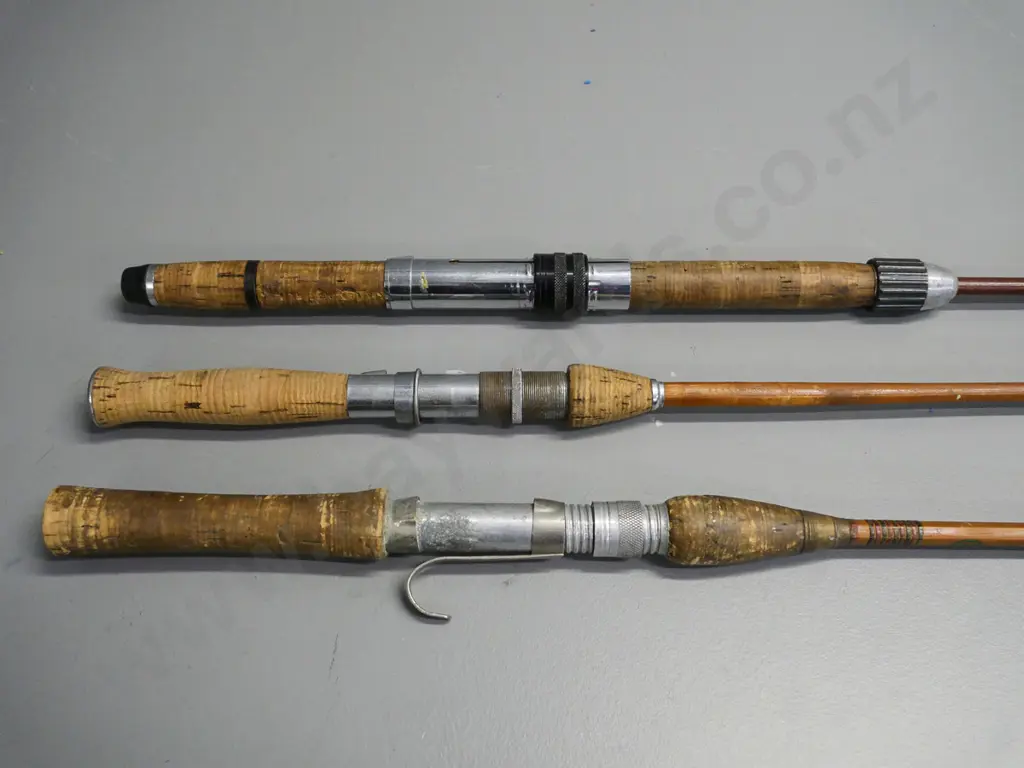 3 vintage 2-piece split-cane fishing rods - labels illegible - wear & tear Image 1++