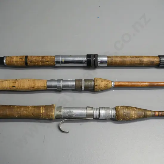3 vintage 2-piece split-cane fishing rods - labels illegible - wear & tear