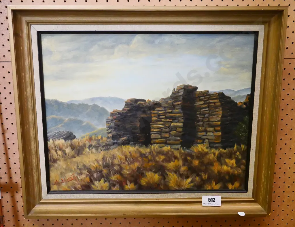 A Short - framed oil on board - stone building H-400 W-490 Image 1++