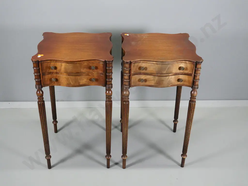 pair of antique mahogany 2-drawer night stands with fluted legs, walnut veneer, metal handles, some fading H710 WxD400 Image 1++