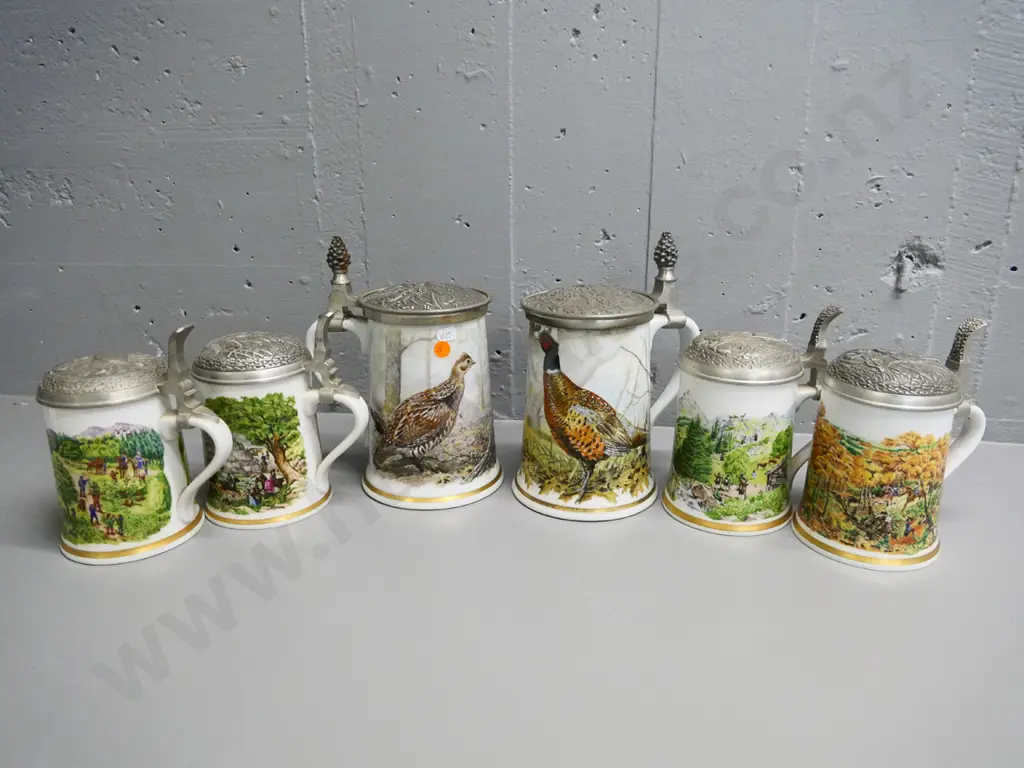 6 Franklin Mint metal-lidded steins - 2 larger bird themed H-250 and 4 smaller pictorial Image 1++