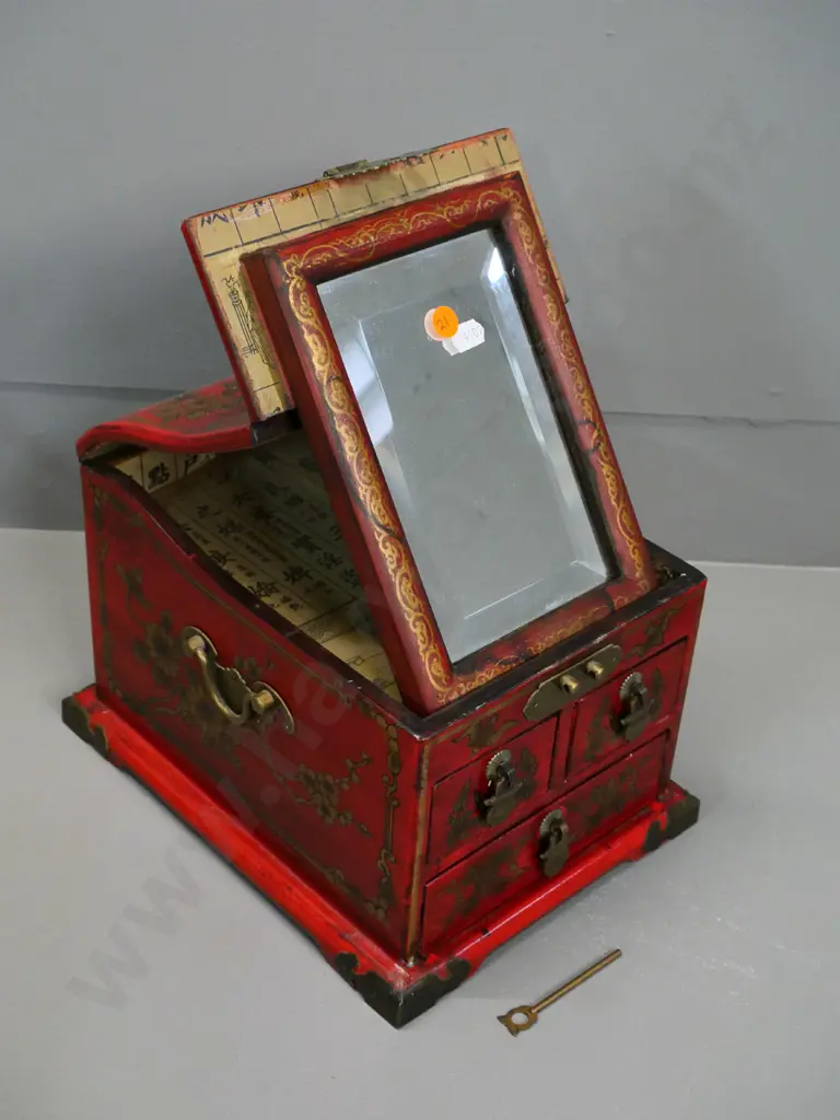 reproduction Chinese traditionally decorated 3-drawer jewellery chest with folding mirror on top H180 W210 D250 closed Image 1++