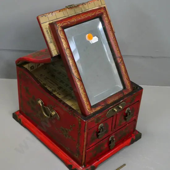 reproduction Chinese traditionally decorated 3-drawer jewellery chest with folding mirror on top H180 W210 D250 closed