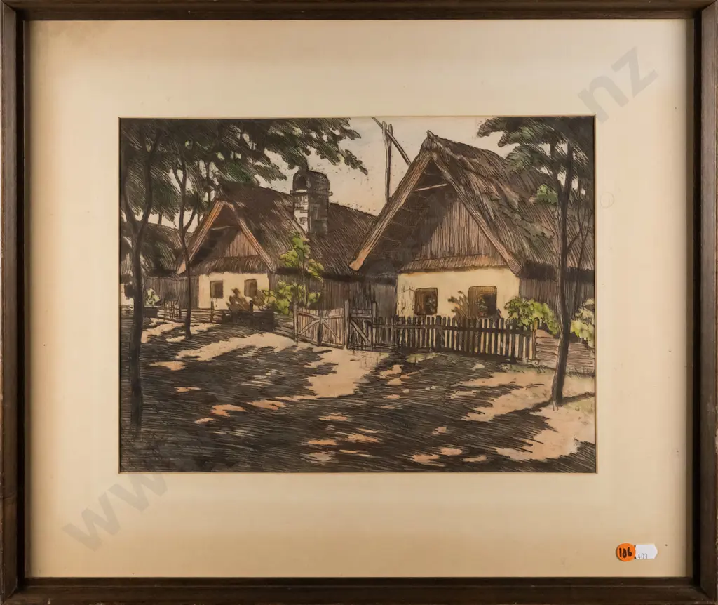 framed etching - houses  H-260 W-360 Image 1++