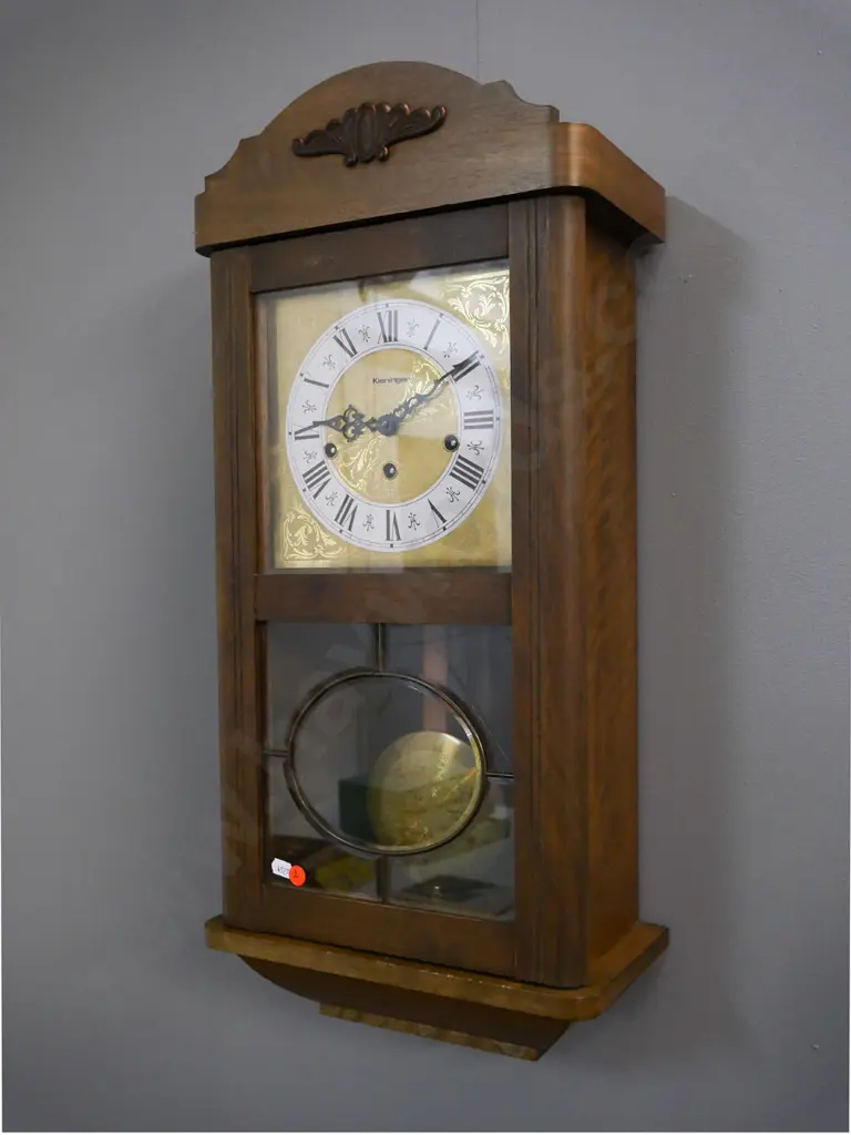 Kieninger wood-cased chiming pendulum wall clock - going, but one chime bar detached. H-660 W-300 D-160 Image 1++
