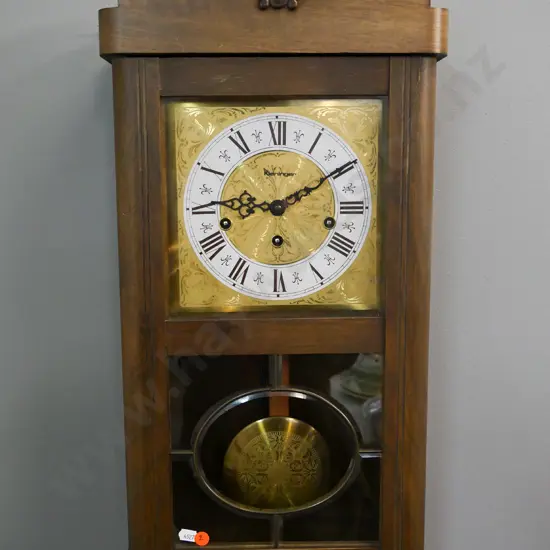 Kieninger wood-cased chiming pendulum wall clock - going, but one chime bar detached. H-660 W-300 D-160