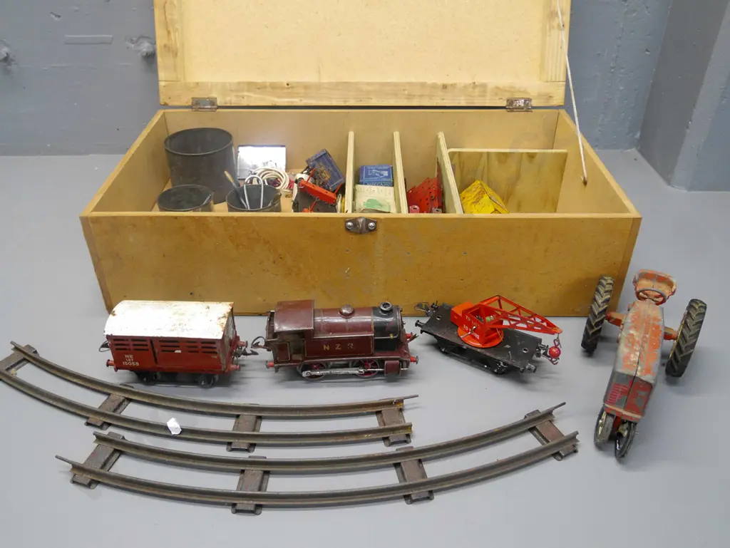 homemade mdf toy box with Mecanno, Hornby clockwork train, toy tractor Image 1++