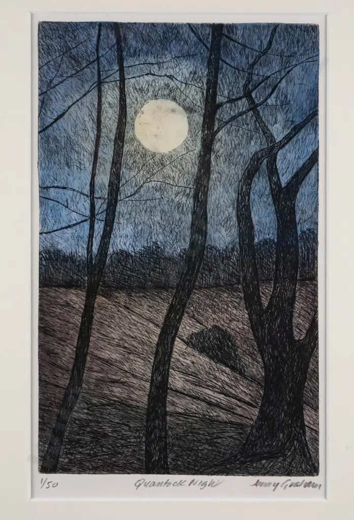 Jenny Graham - framed hand-tinted etching - limited edition 1/50  "Quantock Moon" H-190 W-120 Image 1++