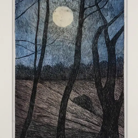 Jenny Graham - framed hand-tinted etching - limited edition 1/50  "Quantock Moon" H-190 W-120