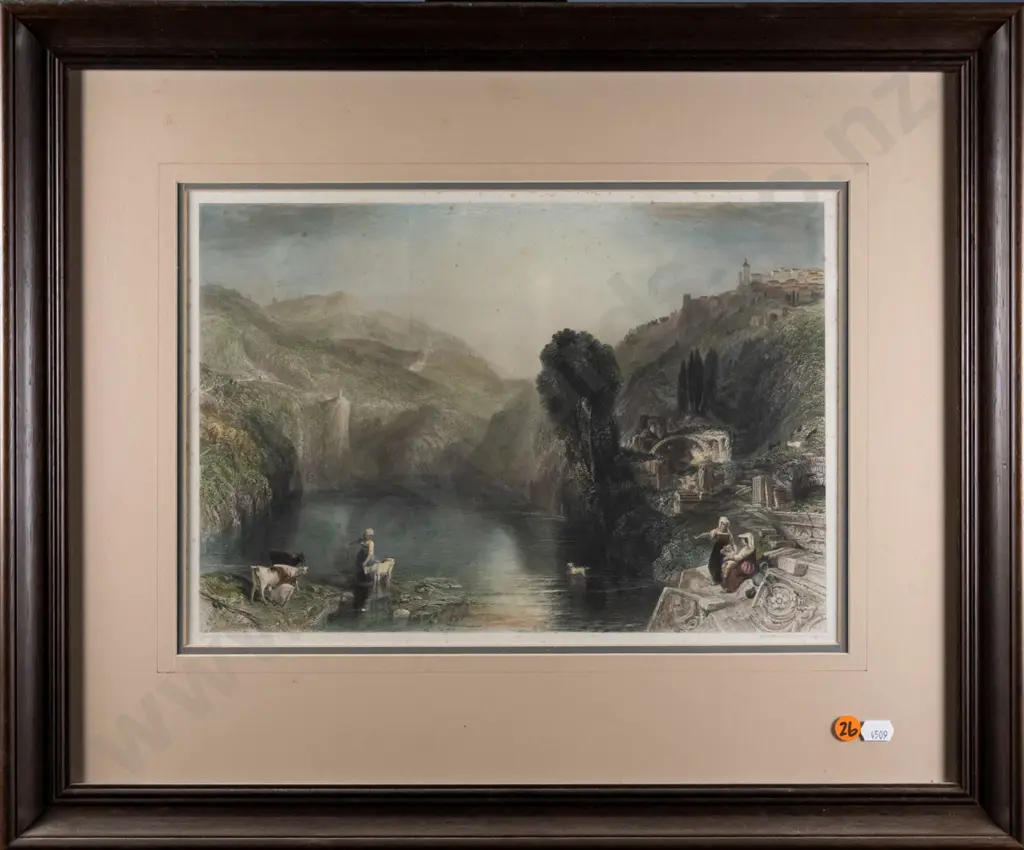 framed reproduction historic print - lake scene some foxing - H-230 W-340 Image 1++