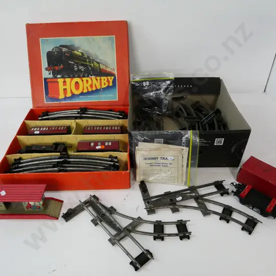 vintage Hornby train set in original box - including locomotive, 2 carriages, points & track, tin station platform etc,