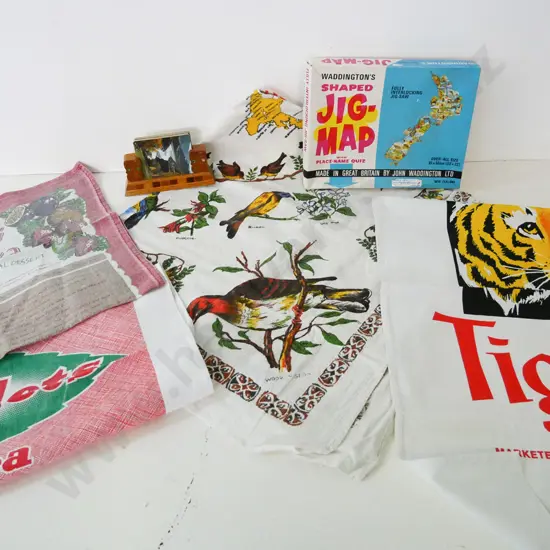 New Zealand souvenir table cloth, jigsaw puzzle, card holder, and 6 tea towels